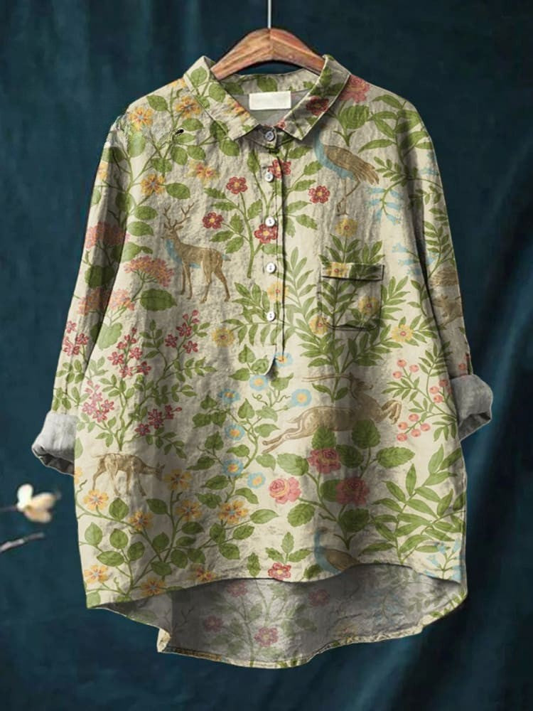 Chemise longue beige à motifs feuillage et fleurs, col boutonné, manches longues