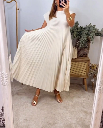 Robe longue plissée écrue, encolure ronde, manches courtes, longueur maxi