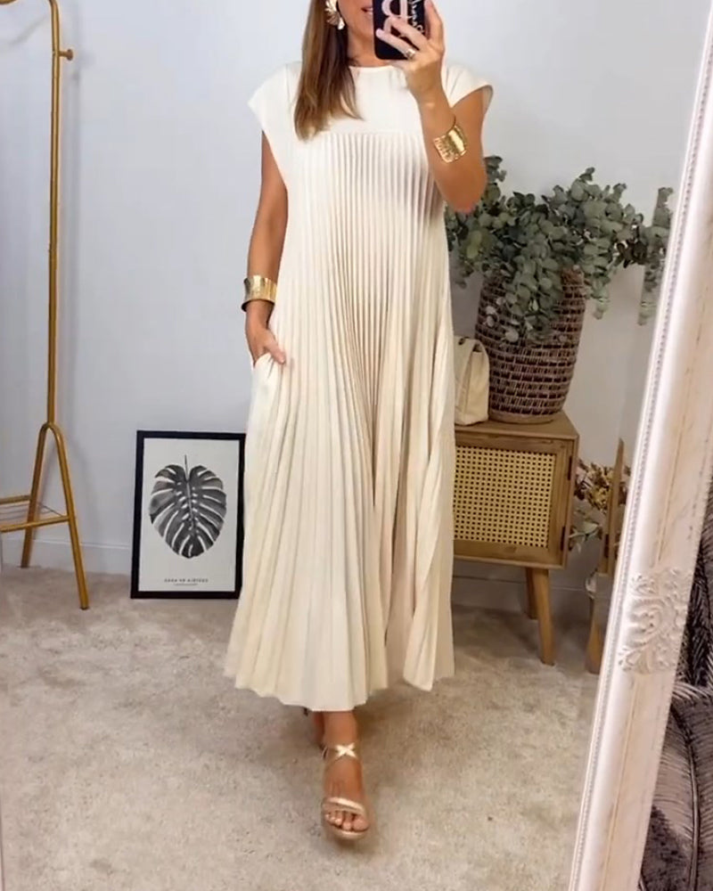 Robe longue plissée écrue, encolure ronde, manches courtes, longueur maxi