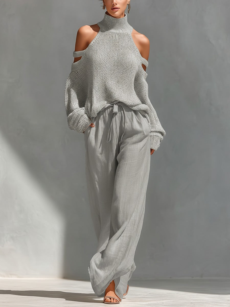 Ensemble deux pièces gris : pull côtelé col montant épaules dénudées et pantalon ample