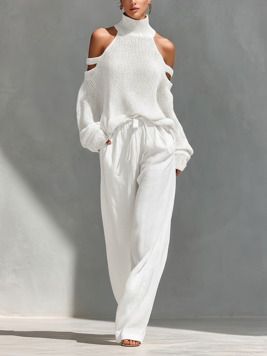 Ensemble deux pièces blanc : pull côtelé col montant épaules dénudées et pantalon ample
