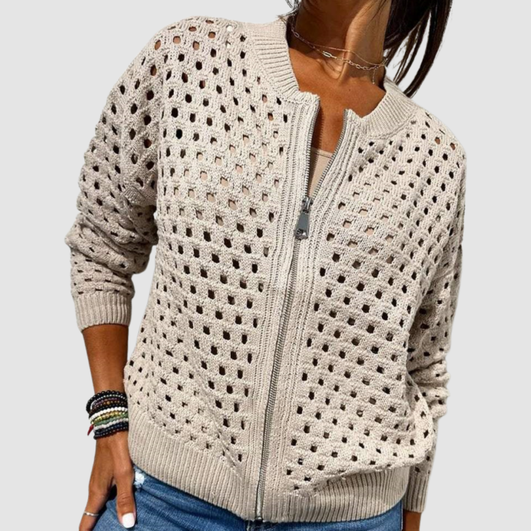 Gilet en tricot beige à mailles ajourées, fermeture zippée, bords côtelés