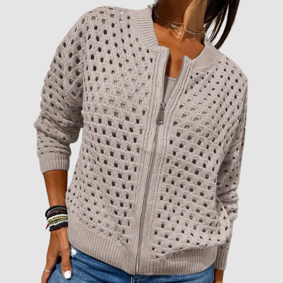Gilet en tricot beige texturé à motifs, zip central, col et bas côtelés