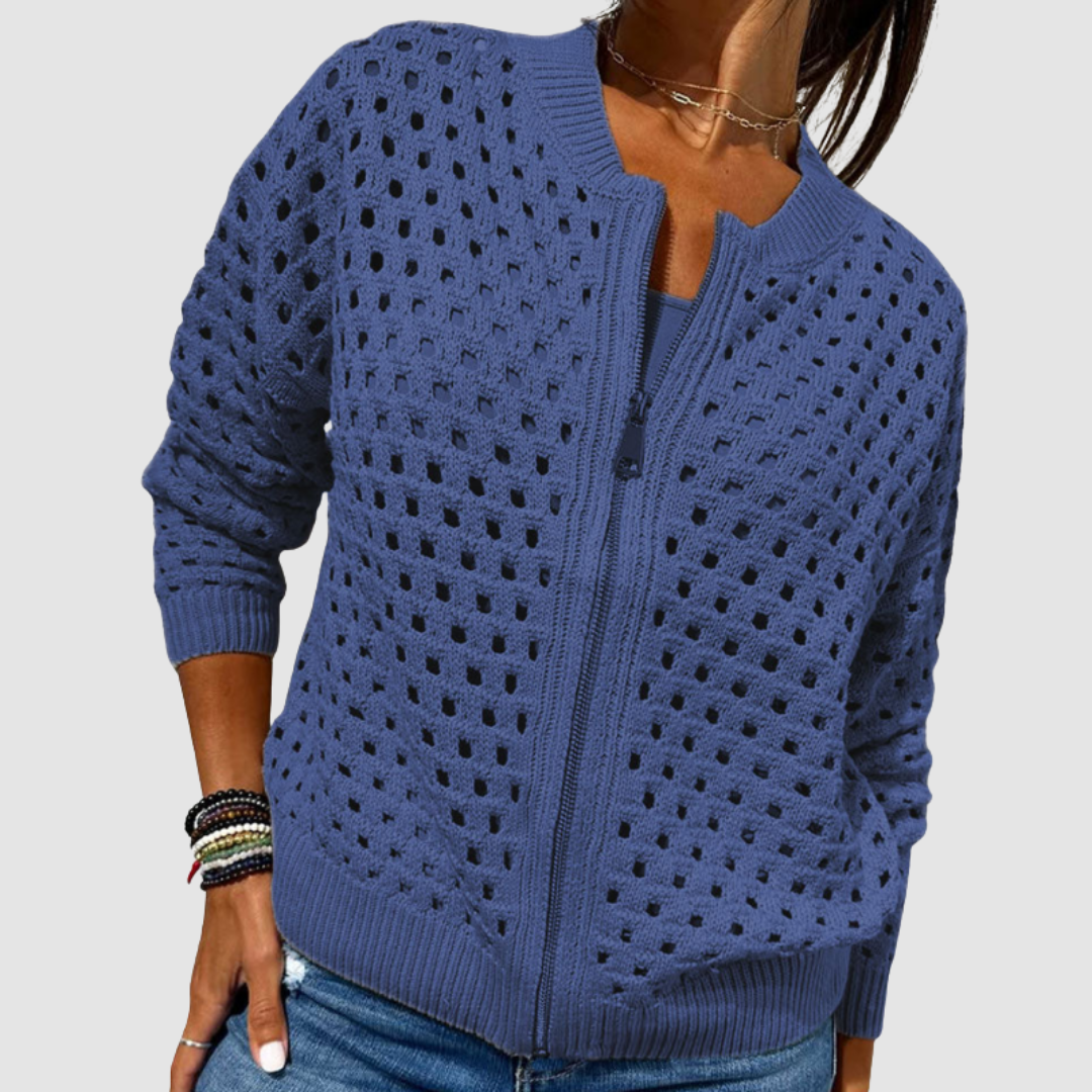Gilet en tricot bleu à points ajourés, zip devant, bordures côtelées