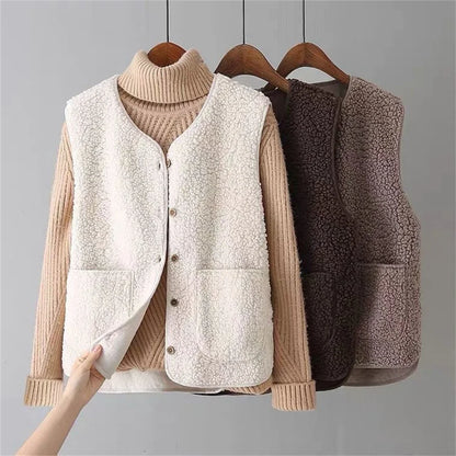 Gilets cardigan en sherpa crème et brun avec manches en maille côtelée beige