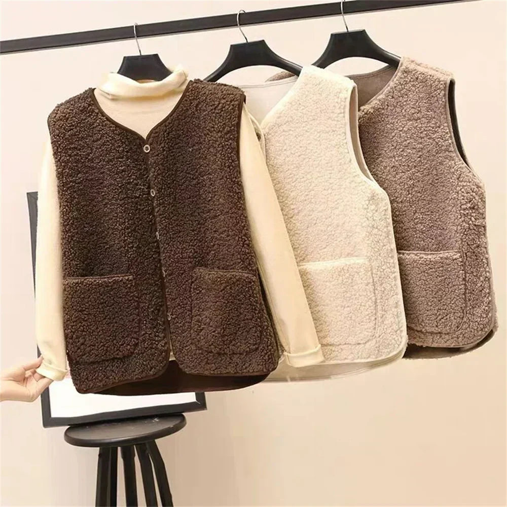 Gilet cardigan sans manches en sherpa marron, col V boutonné et poches plaquées