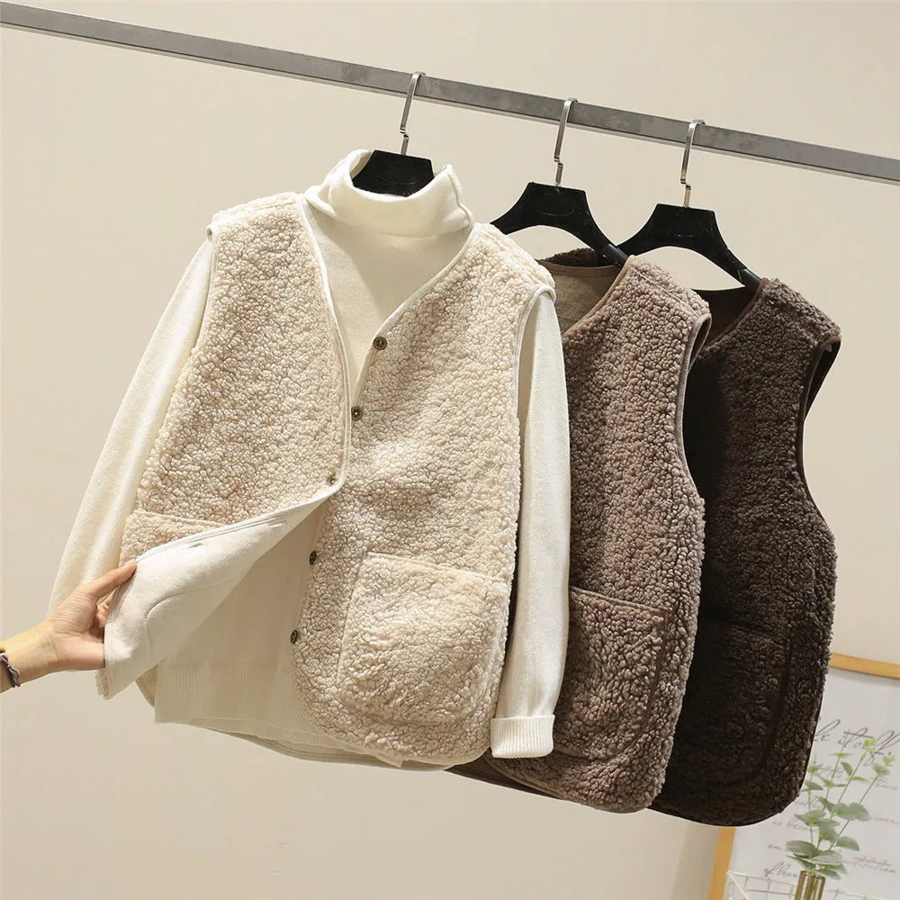 Gilet cardigan en sherpa crème et brun, col montant et poches plaquées