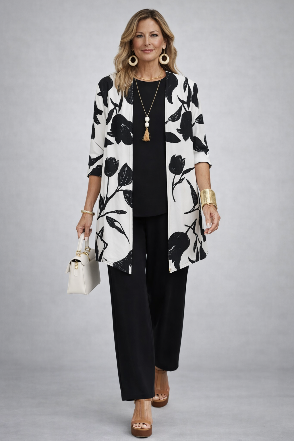 Ensemble 3 pièces : veste à fleurs, top noir, pantalon noir, vue de face