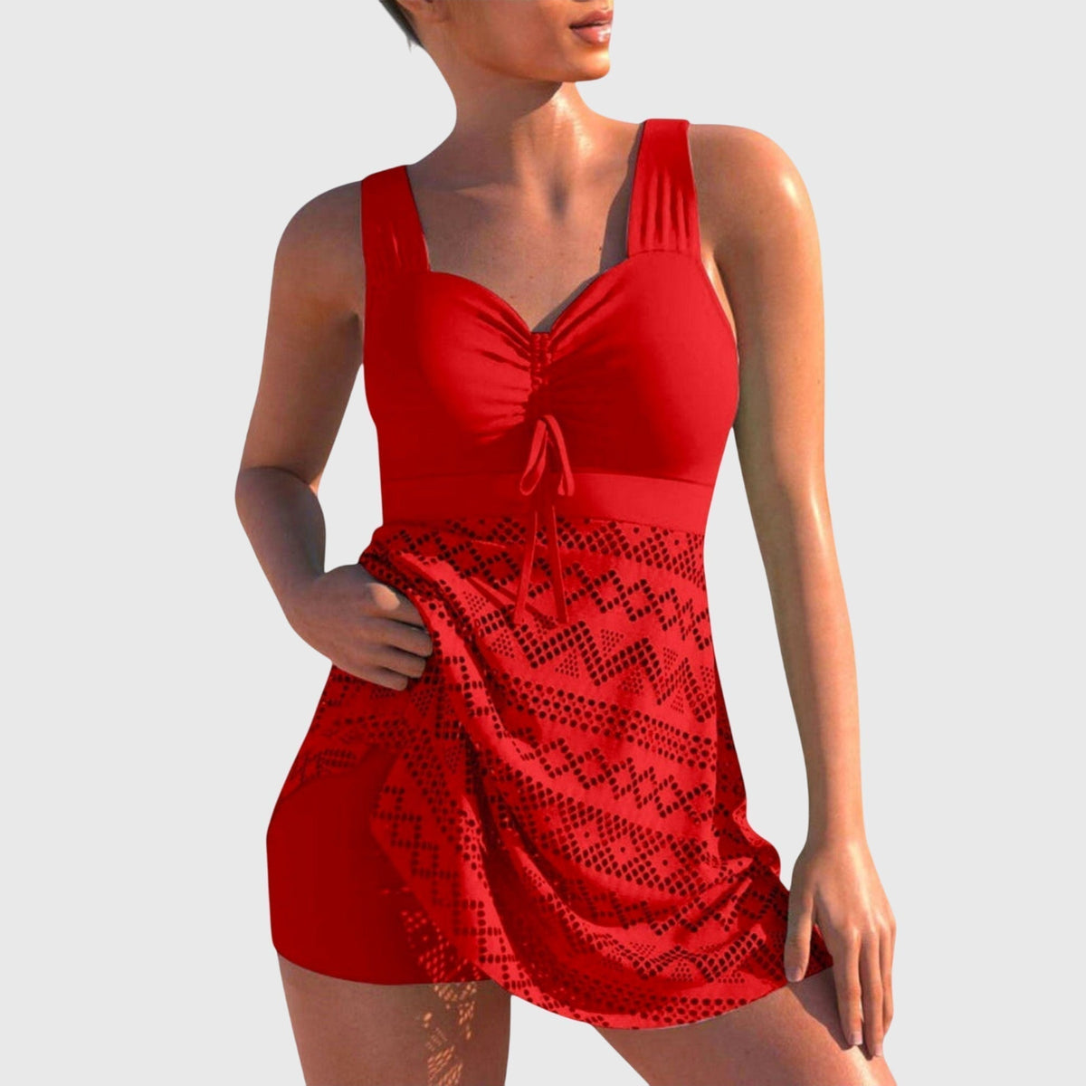 Maillot de bain deux-pièces rouge avec top à nœud et jupe courte ajourée