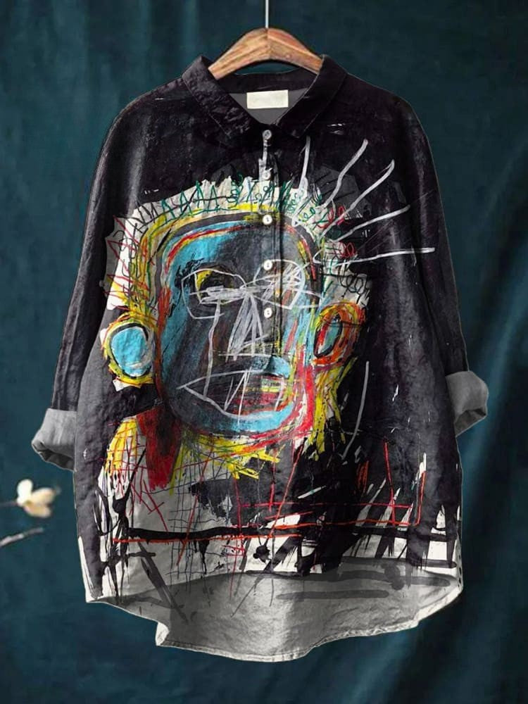 Chemise noire en coton, manches longues, imprimé abstrait multicolore, boutonnée