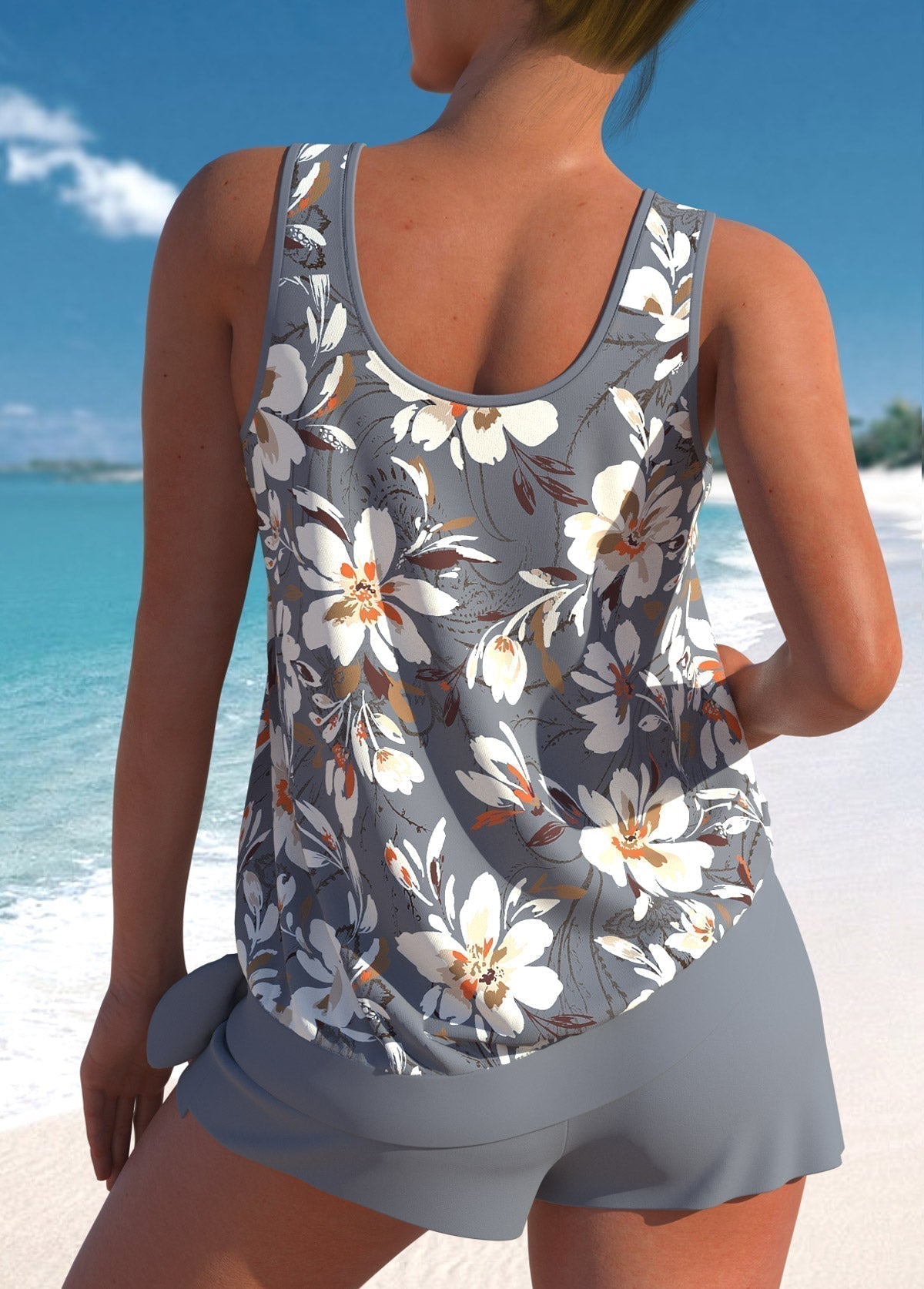 Ensemble de bain débardeur gris à fleurs et short gris assorti