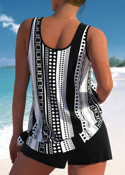 Ensemble de bain débardeur noir et blanc à rayures, pois et short noir