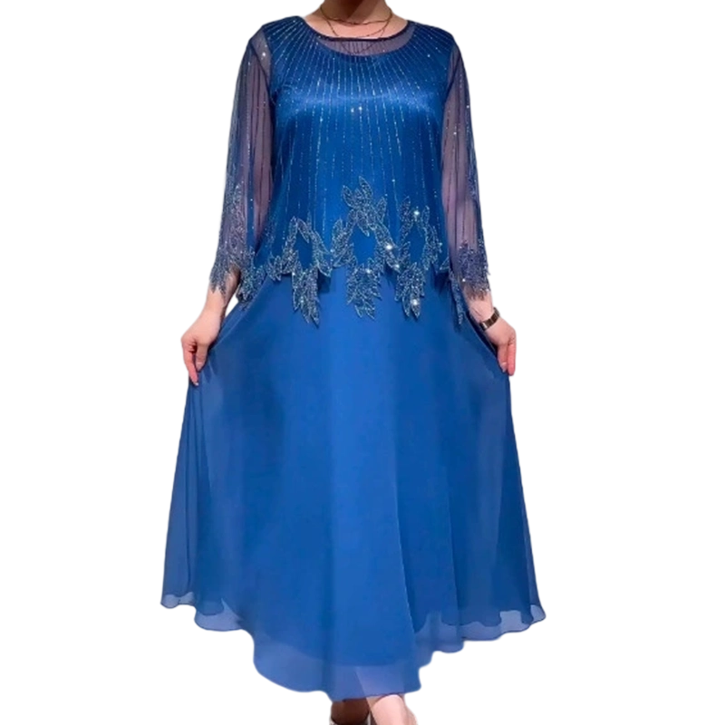 Robe midi bleue évasée, manches en voile, broderie argentée avec franges au buste