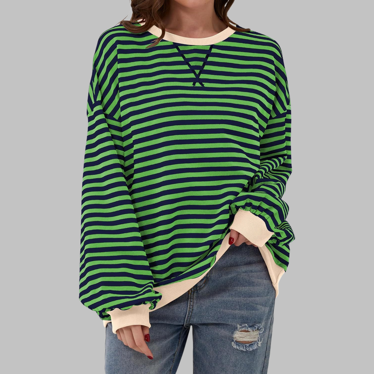 Chemise rayée manches longues encolure ronde, vert foncé et blanc, coupe ample