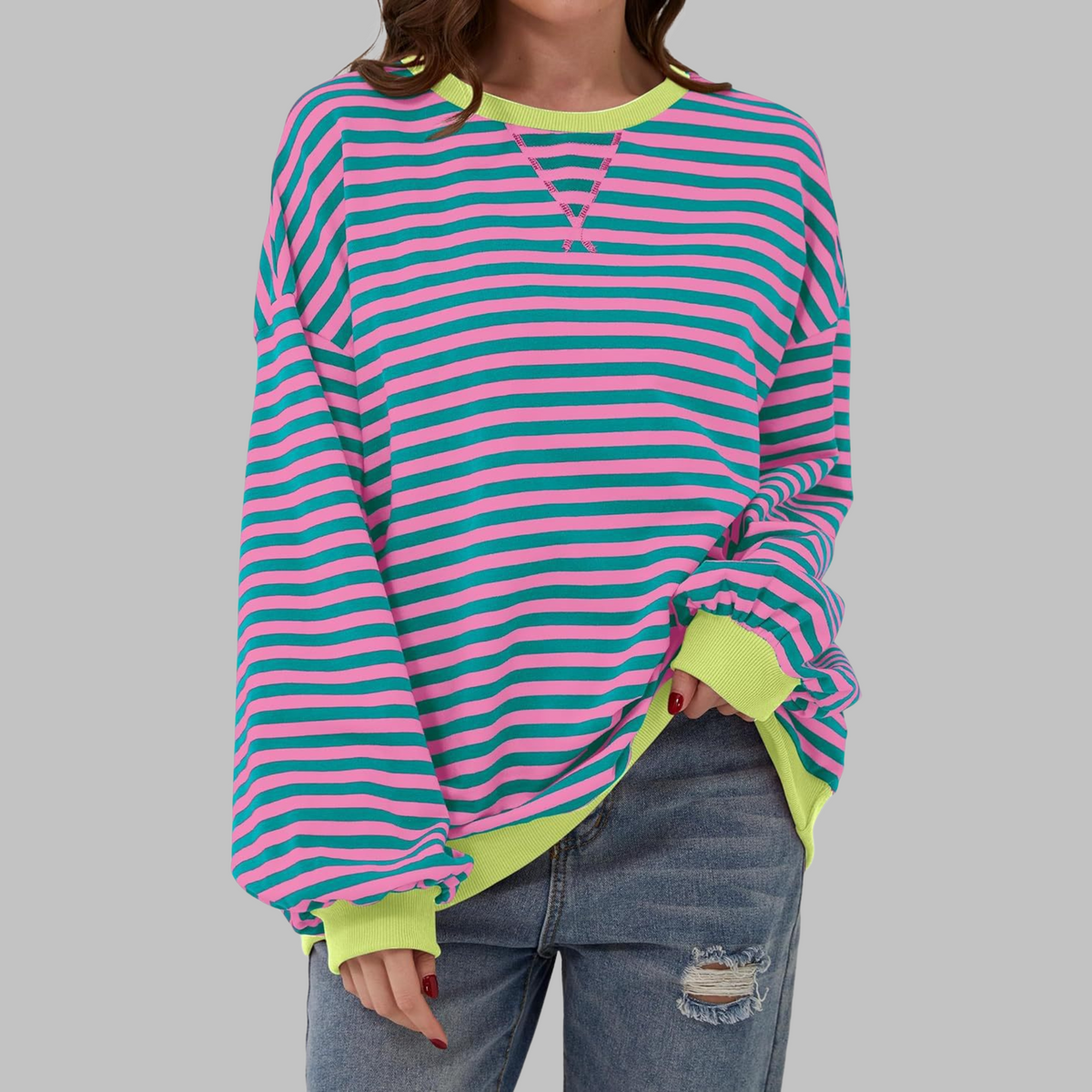 Chemise rayée manches longues encolure ronde, vert et rose, coupe ample