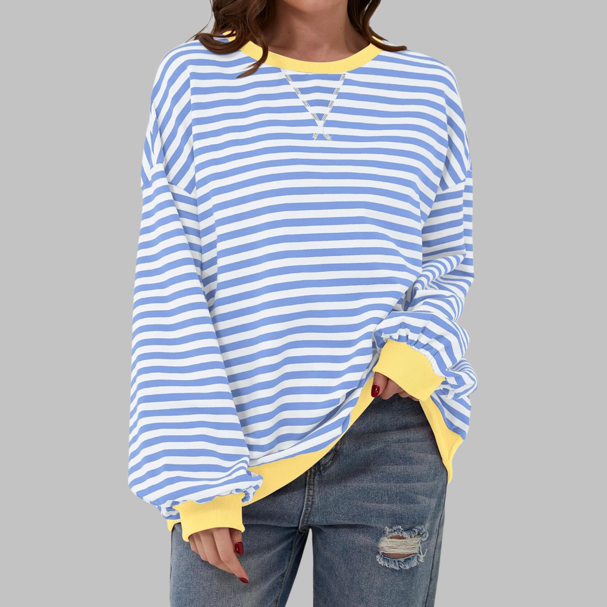 Chemise rayée manches longues encolure ronde, bleu clair et blanc, coupe ample