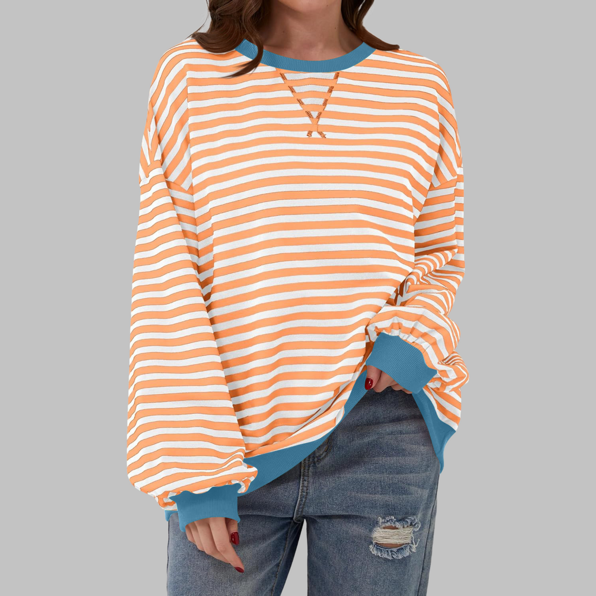 Chemise rayée manches longues encolure ronde, orange et blanc, coupe ample