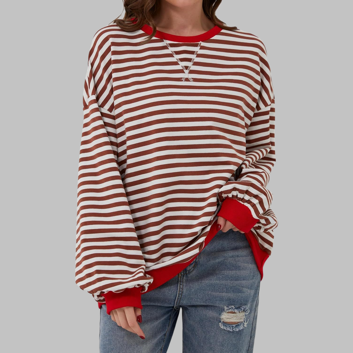 Chemise rayée manches longues encolure ronde, bordeaux et blanc, coupe ample