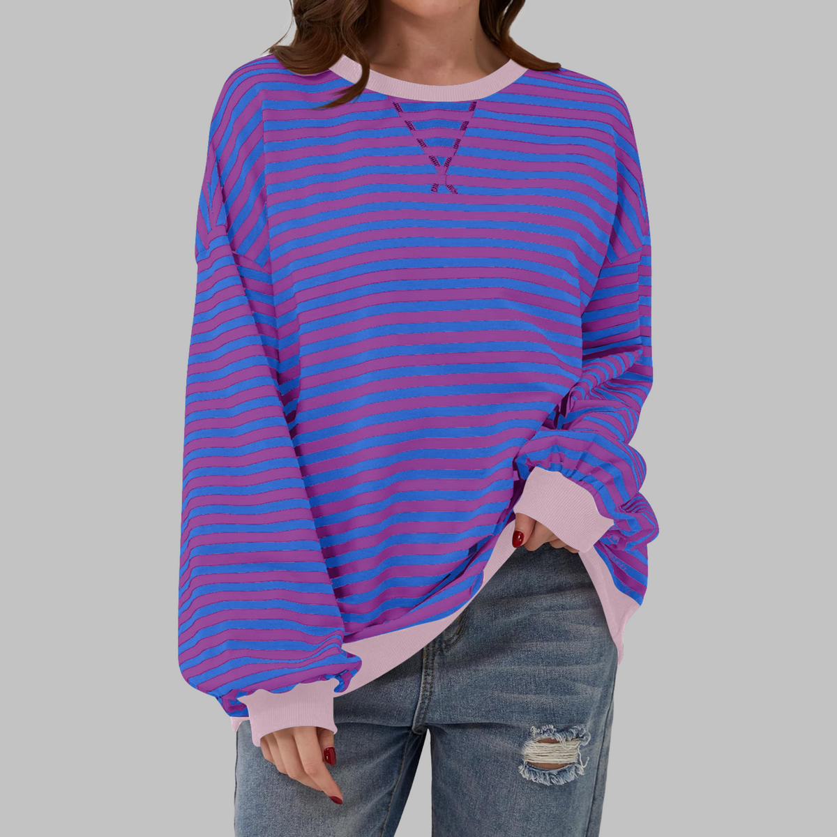Chemise rayée manches longues encolure ronde, violet et bleu, coupe ample