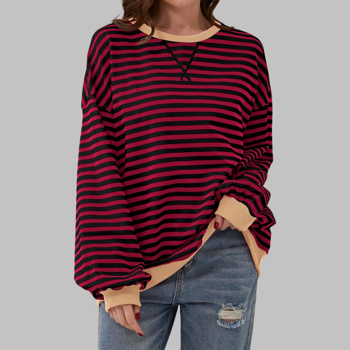 Chemise rayée manches longues encolure ronde, rouge foncé et noir, coupe ample