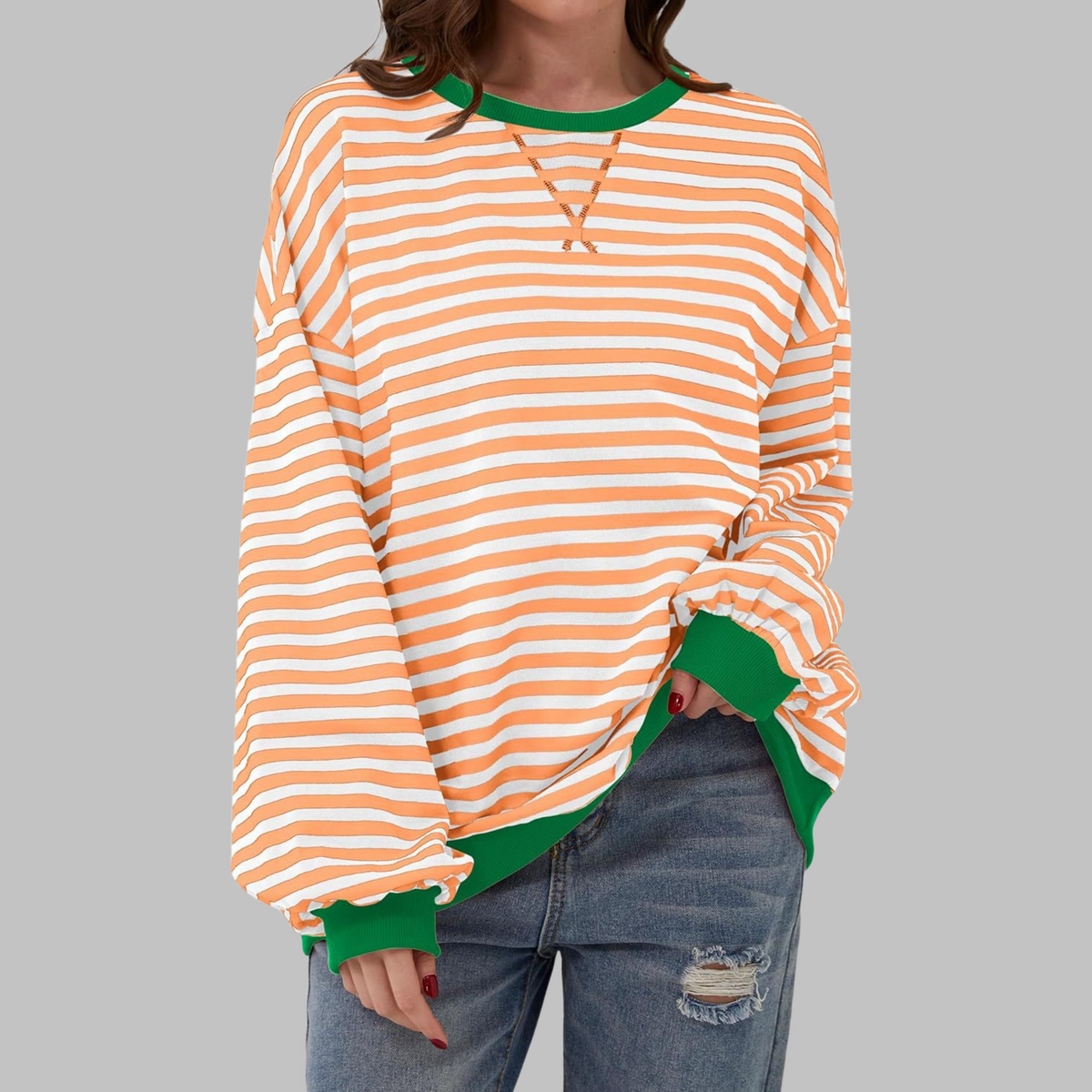 Chemise rayée manches longues encolure ronde, orange clair et blanc, coupe ample