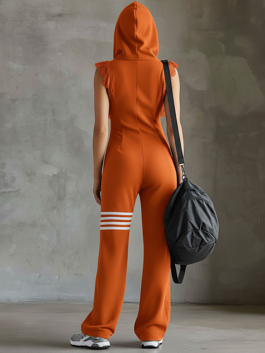 Combinaison rétro orange à capuche, sans manches, fermeture éclair, bandes rayées