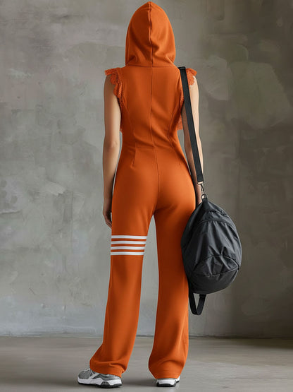 Combinaison rétro orange à capuche, sans manches, fermeture éclair, bandes rayées