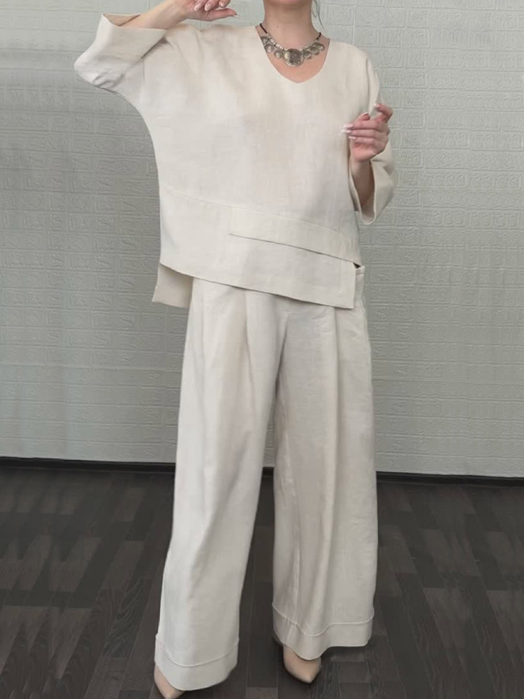 Ensemble tunique à volants et pantalon large en coton-lin, écru
