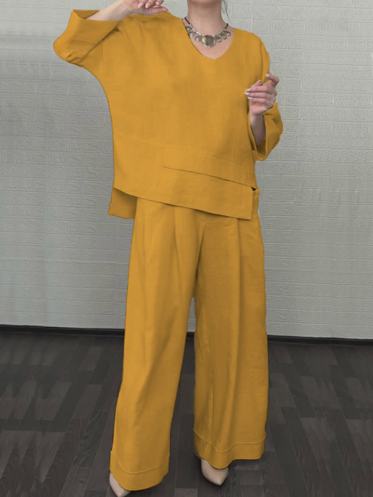Ensemble tunique superposée et pantalon large, coton-lin moutarde