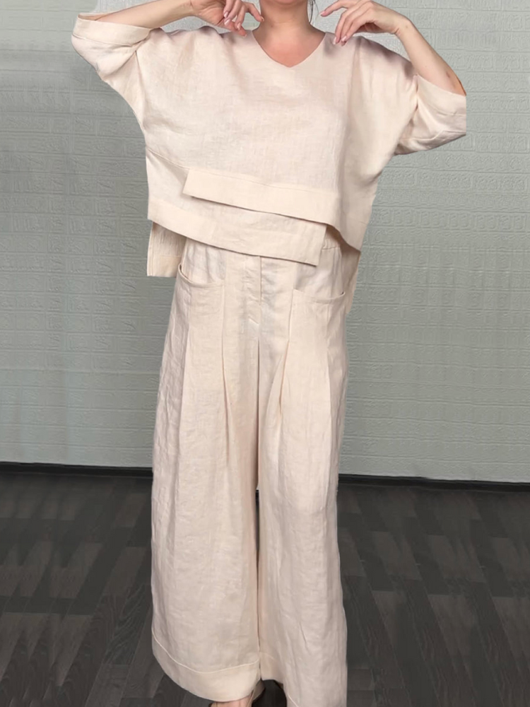 Ensemble tunique ample et pantalon large, coton-lin écru