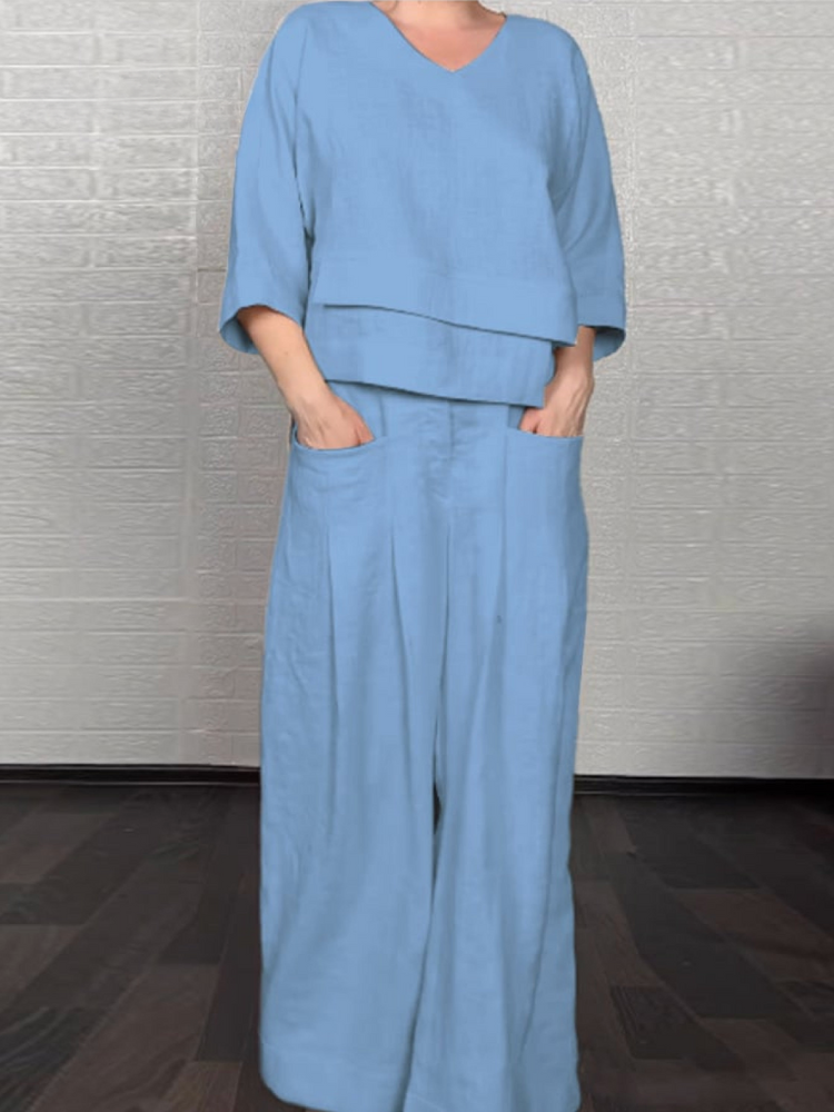 Ensemble tunique à encolure V et pantalon large, coton-lin bleu clair