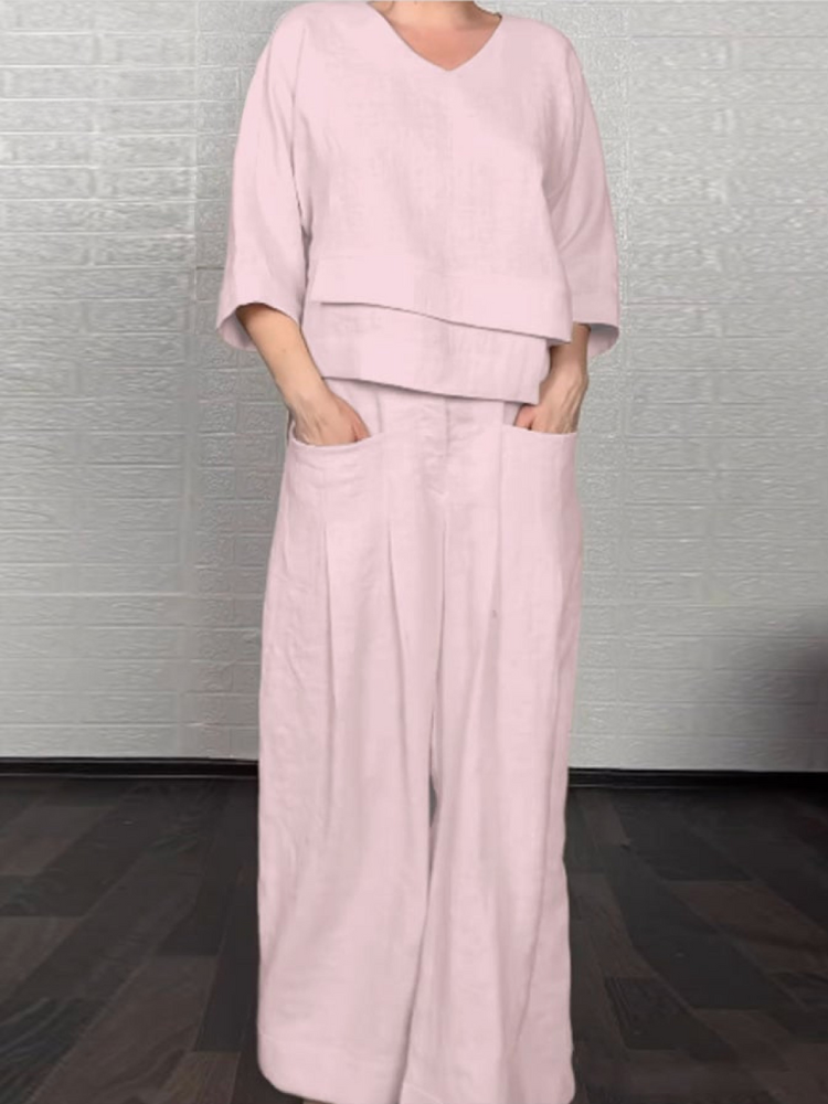 Ensemble tunique ample et pantalon large, coton-lin rose pâle
