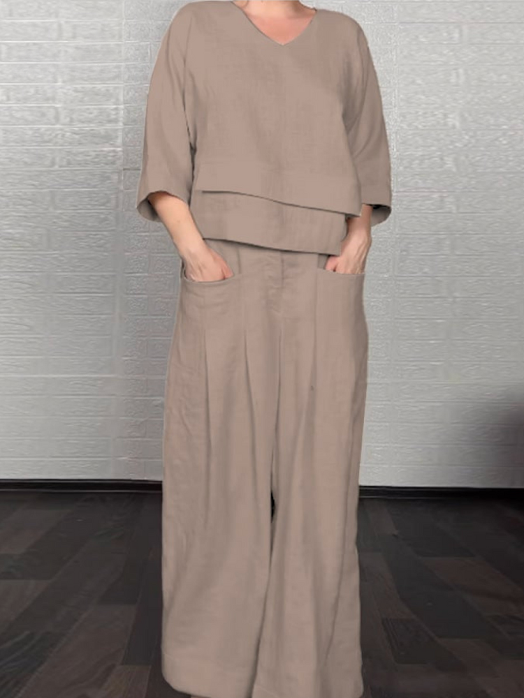 Ensemble tunique superposée et pantalon large, coton-lin taupe