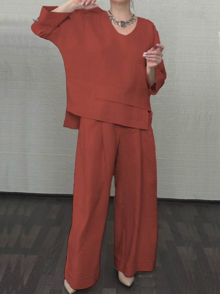 Ensemble tunique superposée et pantalon large, coton-lin rouge brique