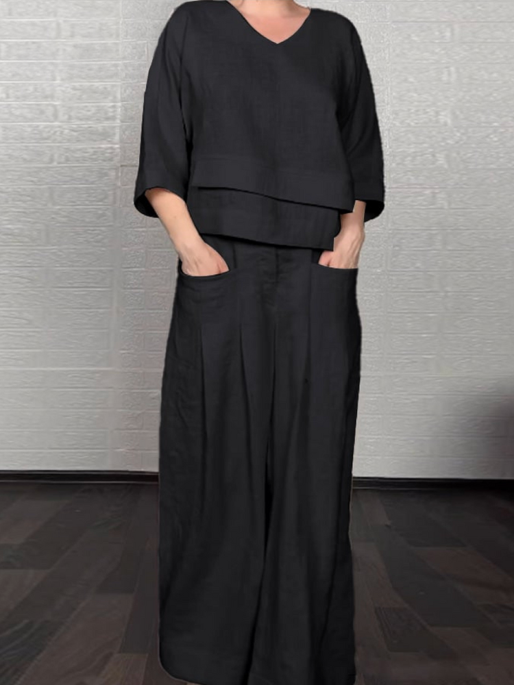 Ensemble tunique à encolure V et pantalon large, coton-lin noir