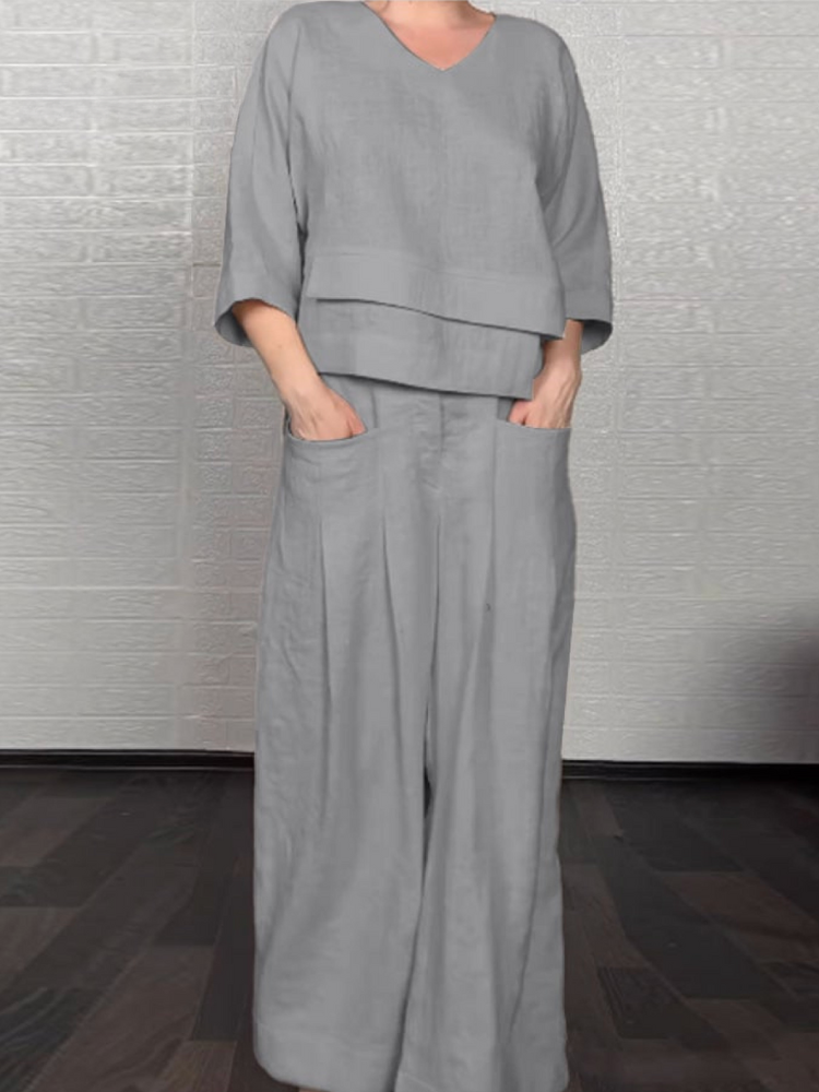 Ensemble tunique superposée et pantalon large, coton-lin gris clair