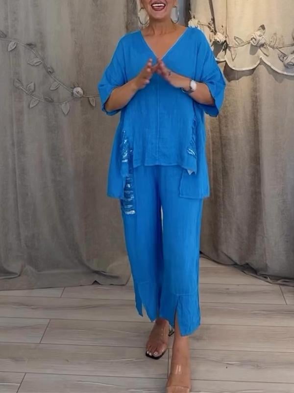 Ensemble deux pièces bleu vif : haut ample V et pantalon fluide assorti aux jambes
