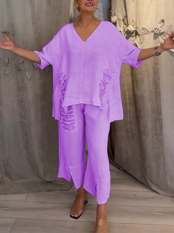 Ensemble deux pièces violet : blouse ample décolleté V et pantalon fluide assorti