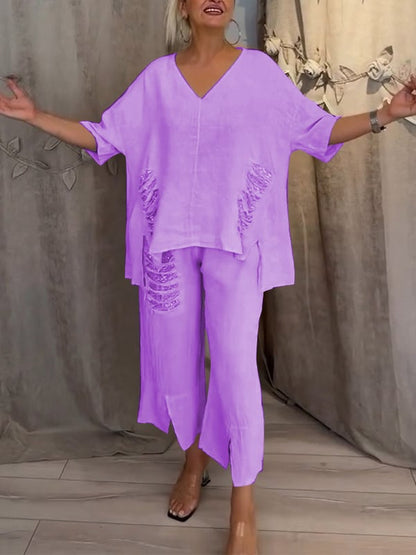 Ensemble deux pièces violet : blouse ample décolleté V et pantalon fluide assorti