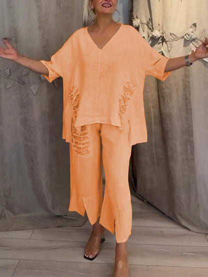 Ensemble deux pièces d’été orange : blouse ample à col V et pantalon fluide