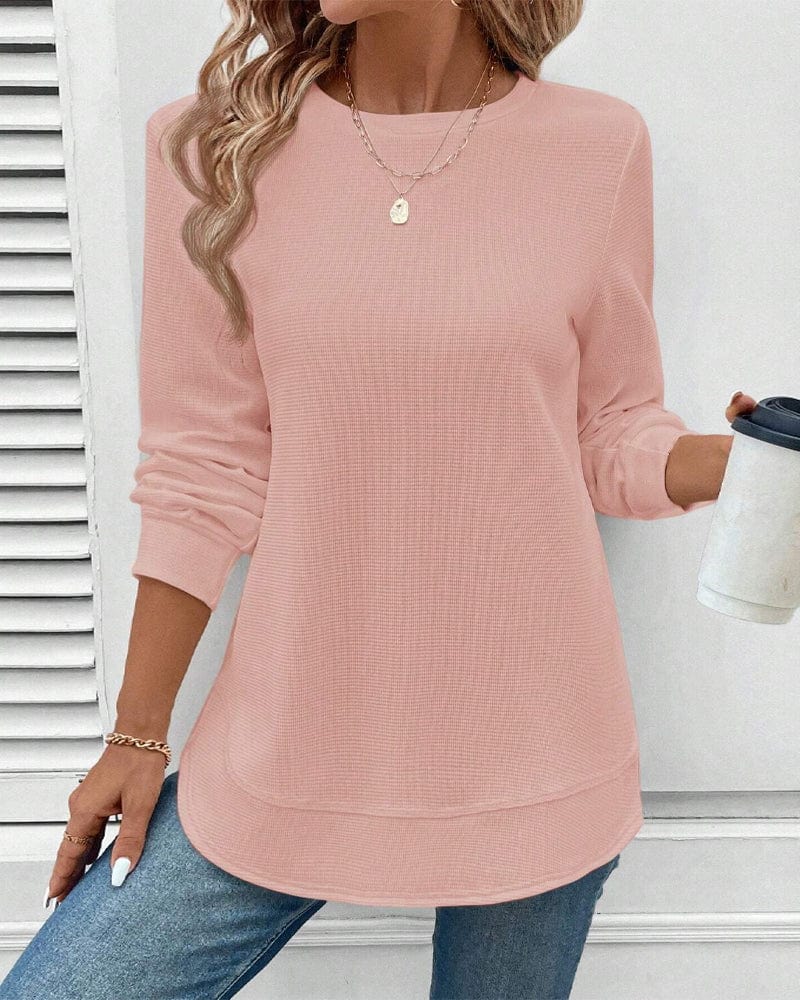 Haut manches longues rose, encolure ronde, ourlet arrondi et coupe ample