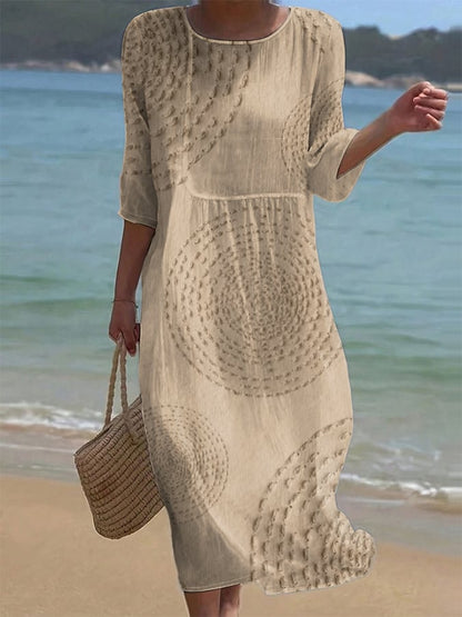 Robe midi Améliane™ kaki col rond, manches trois-quarts, empiècements texturés