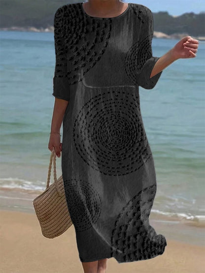 Robe midi Améliane™ noire col rond, manches trois-quarts, empiècements texturés