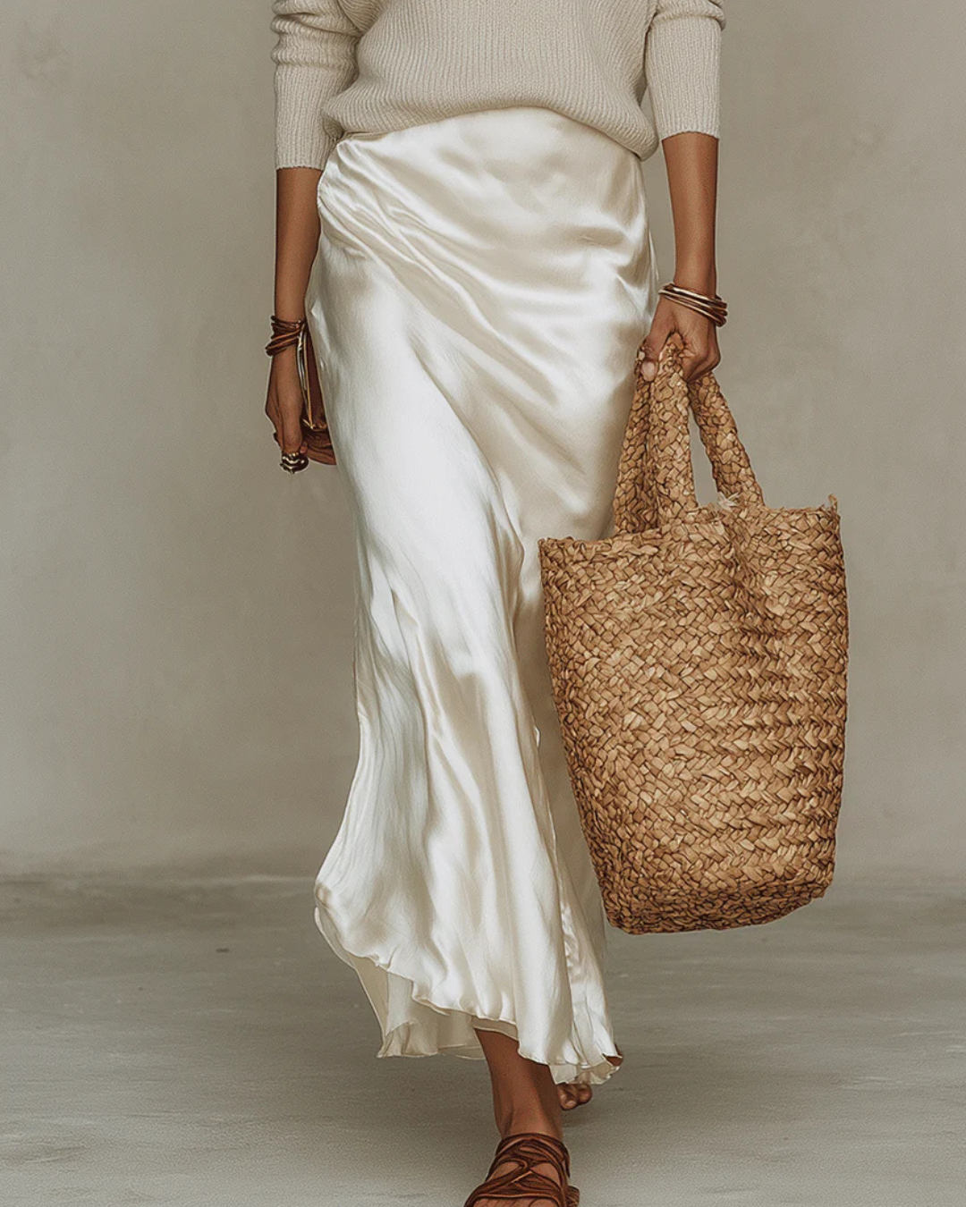 Robe midi satinée blanche, vue de côté, encolure V et manches en maille côtelée, drapé frontal.