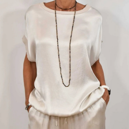 Ensemble deux pièces Celia blanc : haut ample manches courtes et pantalon fluide