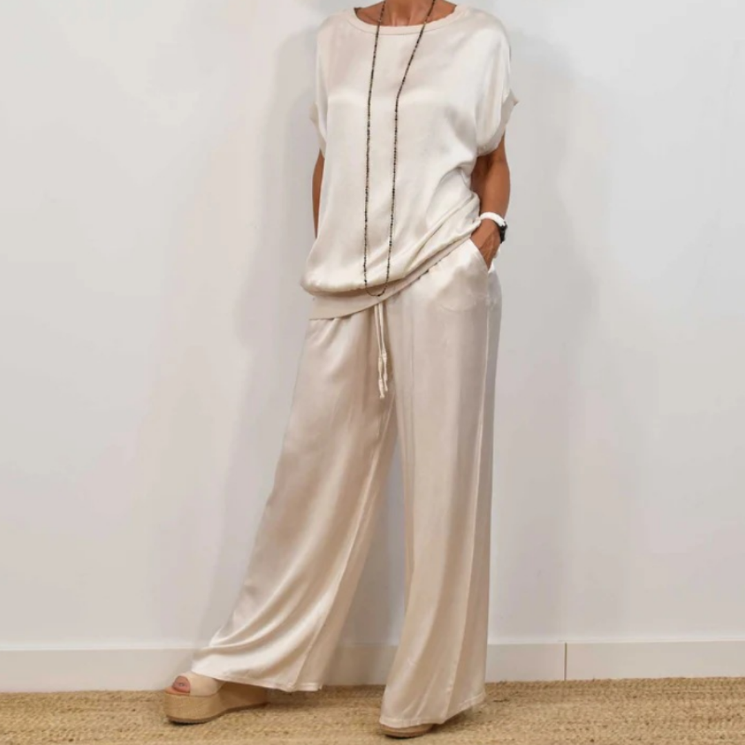 Ensemble deux pièces Celia blanc : haut ample à manches chauve-souris et pantalon large