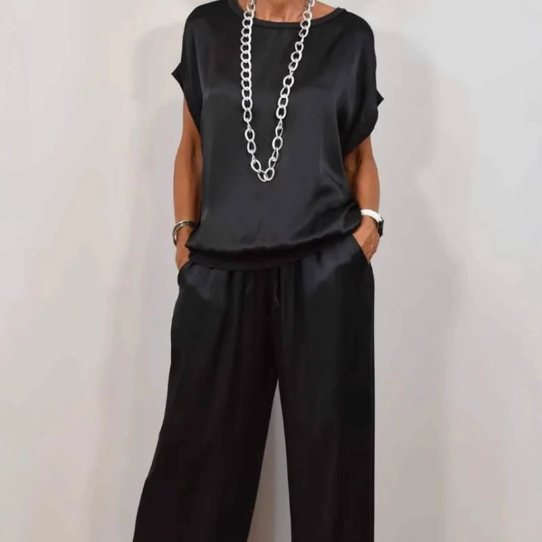 Ensemble deux pièces Celia noir : haut ample et pantalon large à taille élastique