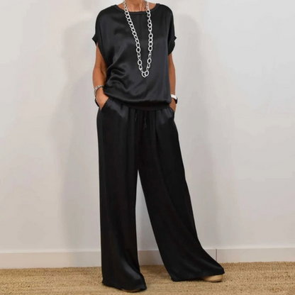 Ensemble deux pièces Celia noir : haut fluide et pantalon ample à taille élastique
