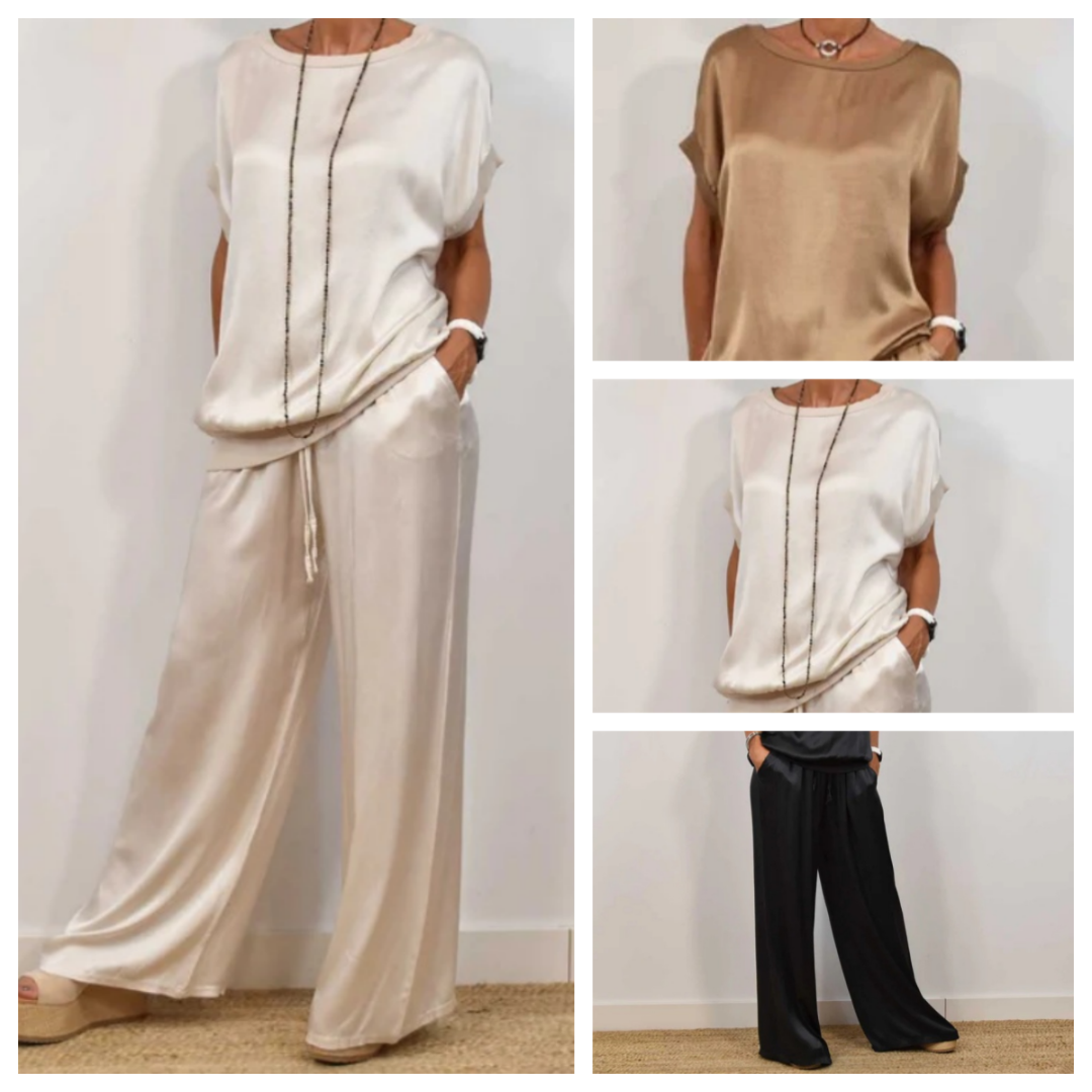 Ensemble deux pièces Celia en satin : haut ample et pantalon long fluide