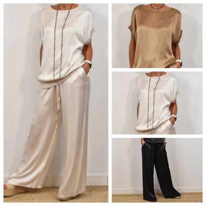 Ensemble deux pièces Celia en satin : haut ample et pantalon long fluide